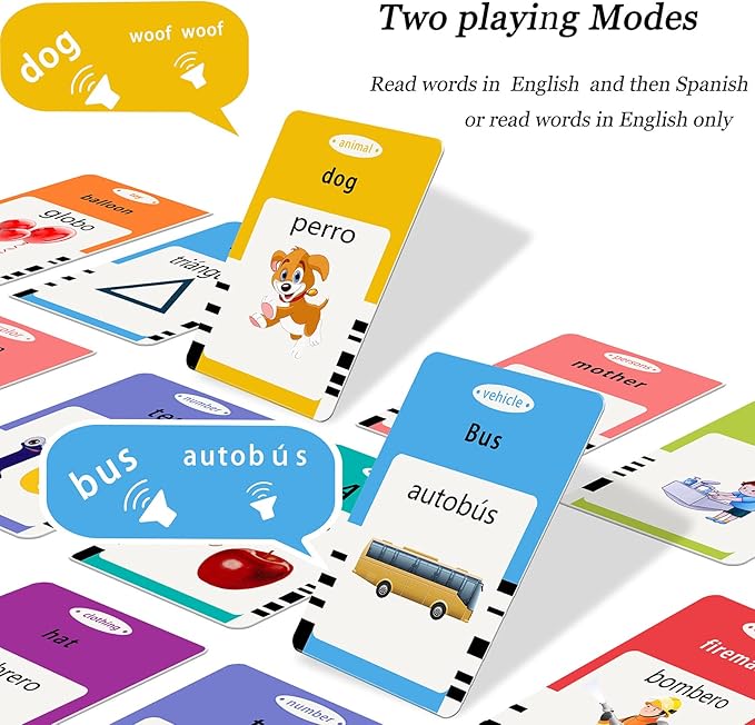 Spanish & English Talking Flash Cards for Toddlers 1 2 3 4 5 6, Audible Toys for Kids to Learn Spanish - 258 Cards and 516 Words(Pink)