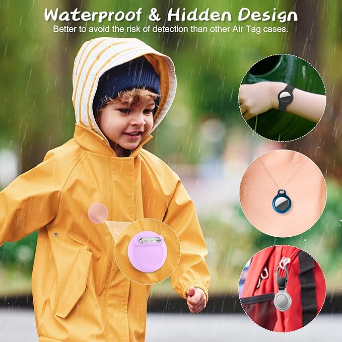 Waterproof Air Tag Holder for Kids, 4 Pack Air Tag Case with Invisible Pin, Soft Silicone Anti-Lost for Apple Air Tag, Used for Children, Elderly, Hidden Inside Clothes, Bag (White/Red/Pink/Purple)