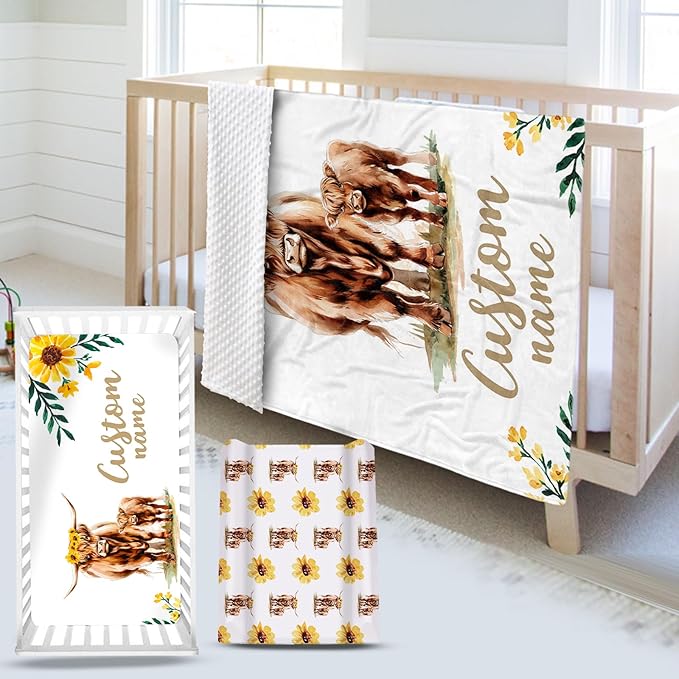 Custom Name Crib Bedding Set - Highland Cow Theme, Personalized Yellow Floral Nursery Bedding 3-Piece Set– Soft Blanket, Fitted Sheet, Changing Pad Cover – for Newborns Girls Nursery Gifts