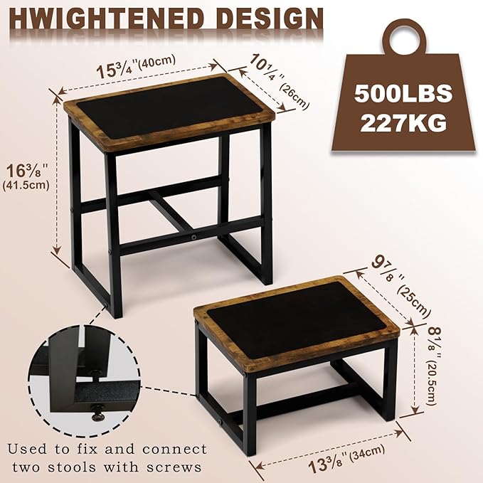 Step Stool for Adults,Holds up to 500Lb,3 in1 Heavy Duty Sturdy Two StepStools for Kichen/Bathroom/High beds, Wooden&Metal Frame, Non-Slip Pads