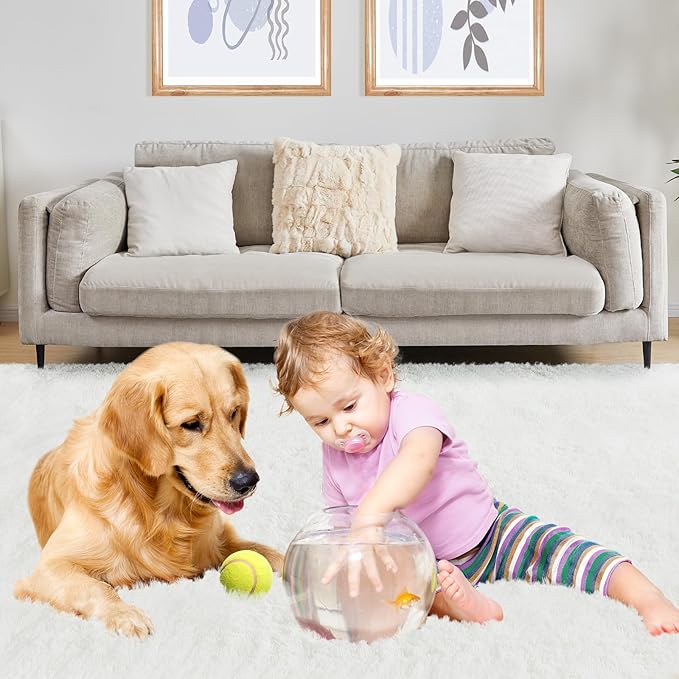 8x10 White Area Rug, Fluffy Plush Rugs for Bedroom, Non Slip Shag Indoor Carpet for Living Room, Nursery, Front Room, Room Decor