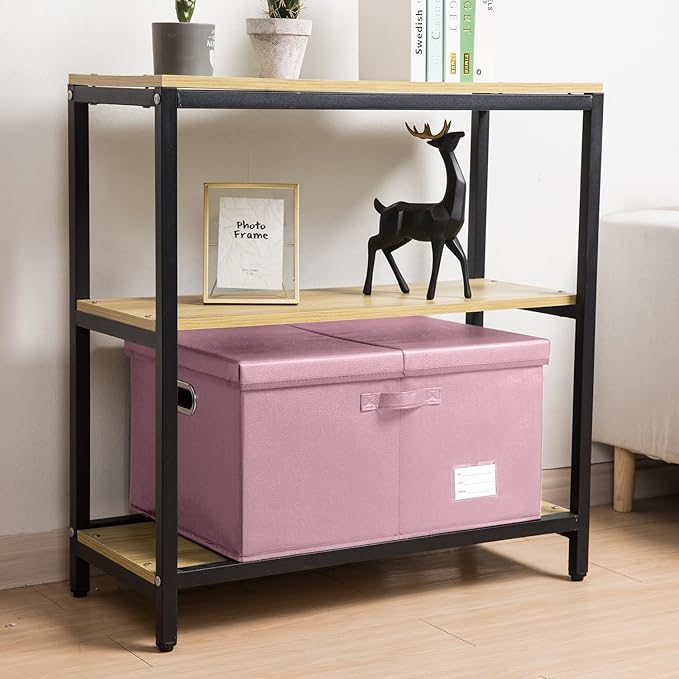 PRANDOM Collapsible Storage Box with Lid [1-Pack] Leather Fabric Foldable Storage Bin Organizer Container Basket Cube with Cover for Home Bedroom Closet Office Nursery Pink (22.8X15.7X11.8)