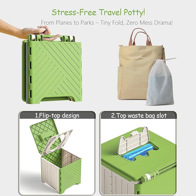 Portable Potty Seat for Toddler, Kids Travel Potty Foldable Compact Potty Training Toilet Seat with Cleaning Bags for Car, Camping, Travel, Outdoors (Green)