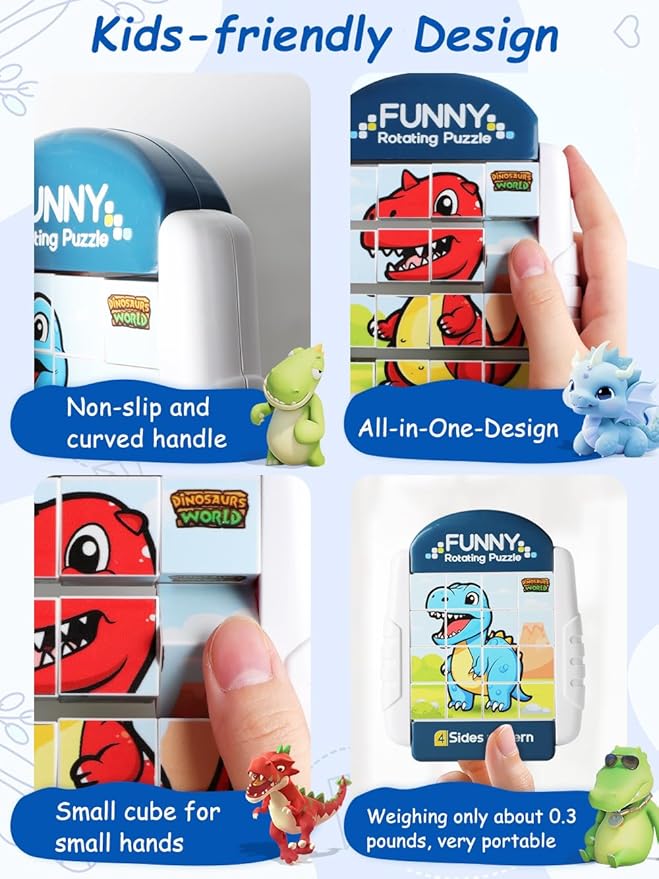 16-Piece Rotating Puzzles for Kids 4-6, Toddlers Puzzles 2-4, Road Trip, Airplane Activities Game, Travel Toys - Brain Teaser, Fine Motor Skills - Birthday Gifts Boys Girls - Dinosaur