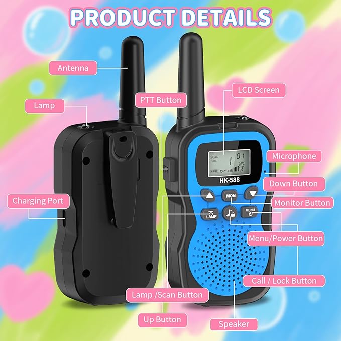 3 Pcs Walkie Talkies for Kids Rechargeable 3 KM Handheld Walkie Talkies Long Range 22 Channel 2 Way Radio Birthday Party Gifts for 3-12 Years Old Girls Boys Outside Adventure Camping Hiking