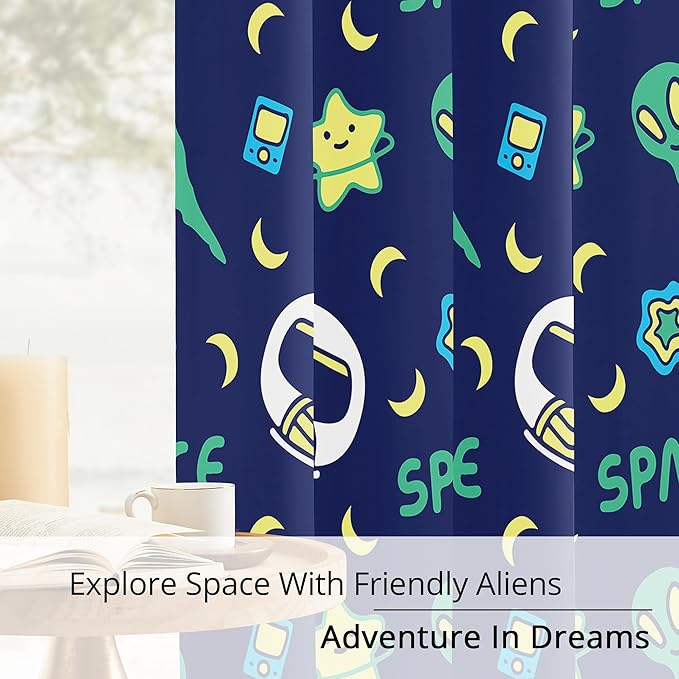 Kids Space Alien Blackout Curtains - 100% Blackout, Thermal Insulated, Noise Reducing, Perfect for Kids Room and Nursery, 2 Panels (Friendly Alien, W52×L63)