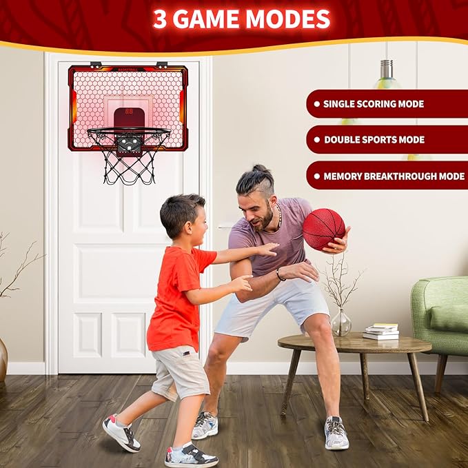Mini Basketball Hoop Indoor with 7 LED Lighting, Scoreboard, 3 Modes, Volume Adjustable, Over Door Basketball Hoop Foldable, Basketball Toys for Kids Adults Gifts (Red)
