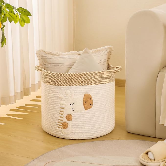 Large Blanket Baskets for Living Room Decor, Toy Storage Baskets Woven Cotton Rope Storage Basket for Kids, Dog Toys Organizer Clothes Hamper with Embroidery Decor for NurseryLaundry (Large, Giraffe)