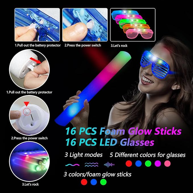 148 PCS Glow in the Dark Party Supplies, 16PCS Foam Glow Sticks, 16PCS LED Glasses,100PCS Glow Sticks Bracelets and 16Pcs LED Hair Clips Fiber Optic for Glow Party, Wedding, Halloween Party