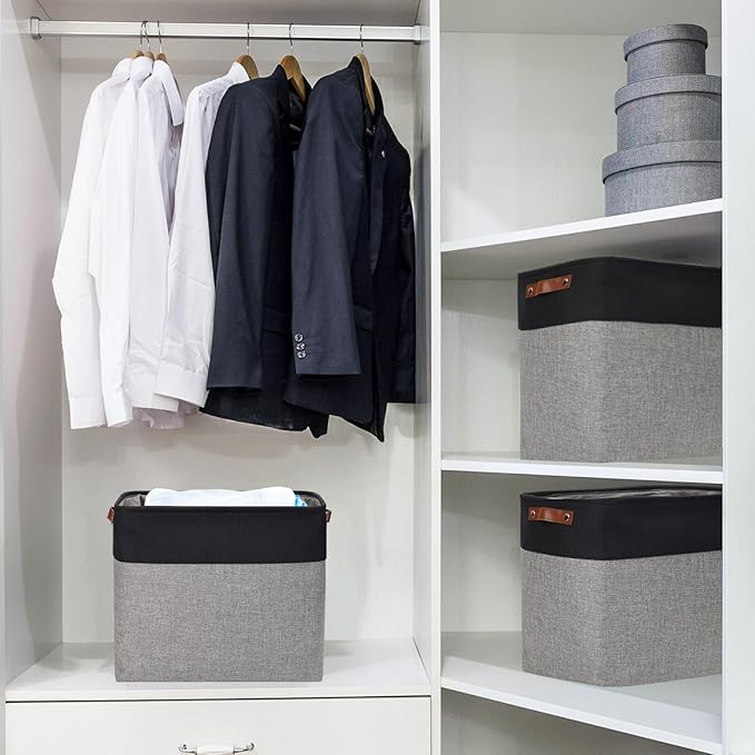 Large Fabric Storage Baskets | 50L Storage Bins, Decorative Linen Closet Baskets with Handles for Organizing, Shelf, Toys, Clothes, Home, Office, Nursery, 17x12x15Inches (Gray&Black)