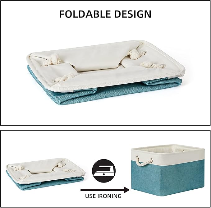 Bidtakay Basket Storage Bins with Handles Fabric Large Storage Baskets for Organizing Set of 3 Collapsible Rectangular Basket for Shelves Closet Organizer 15 X 11 X 9.5 Inches(White&Teal Blue)