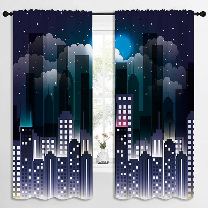 Superhero Rod Pocket Blackout Curtains for Boy Girl Bedroom, Violet Night Sky Buildings Cityscape Home Energy Efficient Light Filtering Window Curtain for Living Room, 84x63 inch