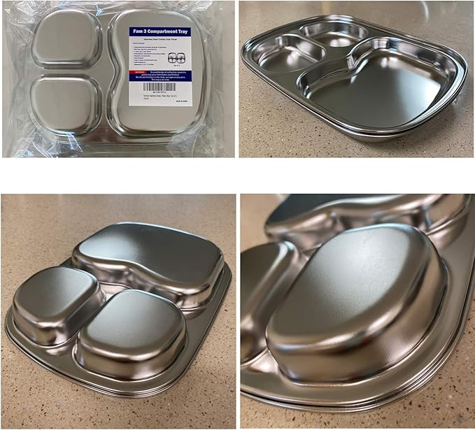 Korean Stainless Steel Divided Plates, Kids Toddlers Babies Tray, BPA Free, Diet Food Control, Camping Dishes, Compact Serving Platter, Dinner Snack, 3 Compartment Plate Silver, Set of 2