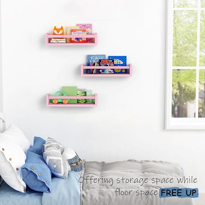 Pink Nursery Floating Shelves for Wall Set of 3, Baby Girls Room Wall Book Shelves for Kids Bedroom, Corner Bookshelf for Toddler Children Bathroom Decor and Toys Organizers and Storage