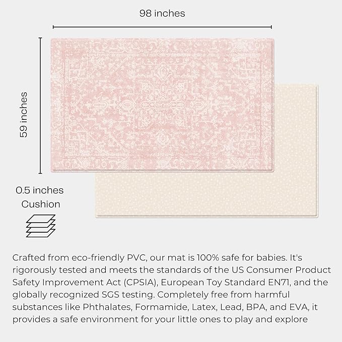 Baby Care Soft Rug (Prestige, Ikat - Inca Pink) 98'' x 59'' Original One-Piece Reversible Rollable Waterproof Play Mat for Infants, Babies, Toddler, and Kids