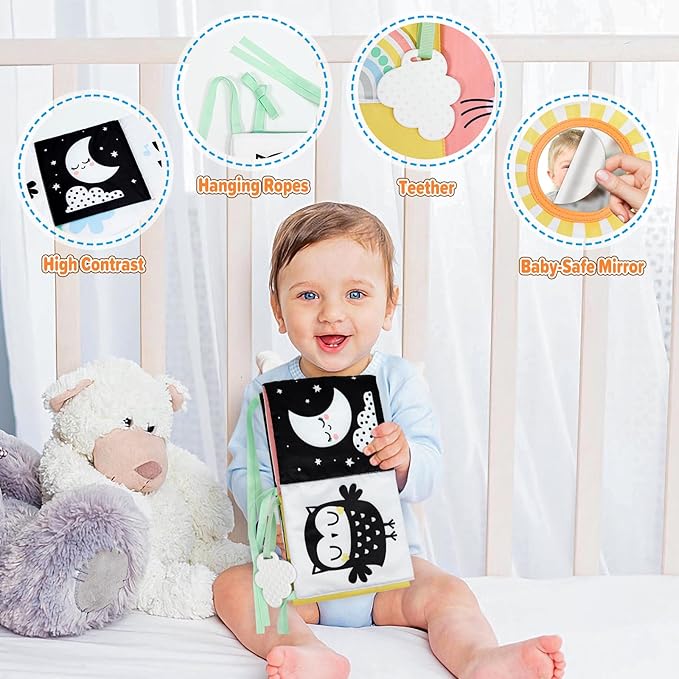 OKOOKO Black and White Baby Book, High Contrast Toy, 0-6 Months Baby Soft Book Tummy Time Montessori Sensory Toy for Stroller Early Education for 0-6 6-12 Months Newborn Infant