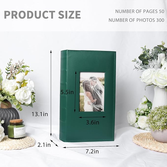 RECUTMS Photo Album 4x6 300 Photos Leather Cover Picture Book with 300 Horizontal Pockets, Slip-in Picture Albums for Family Wedding Baby Vacation (Dark Green)