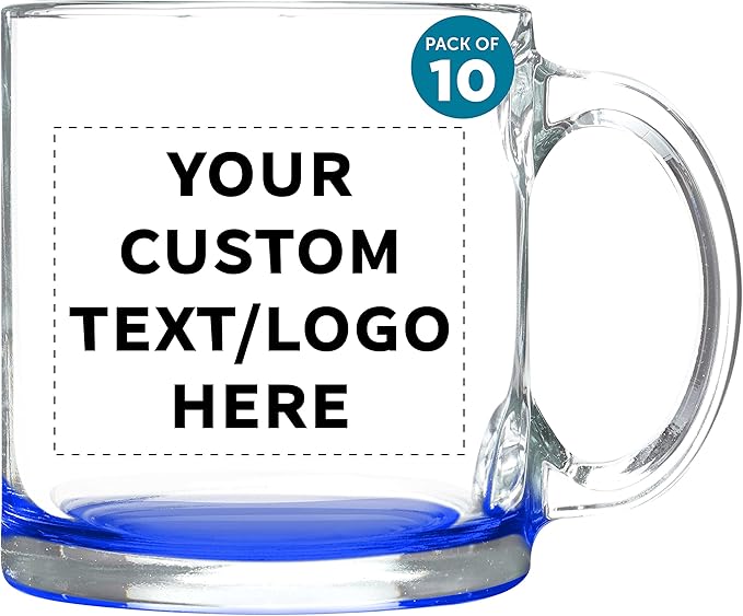 Custom Libbey Clear Glass Coffee Mugs 13 oz. Set of 10, Personalized Bulk Pack - Perfect for Coffee, Tea, Espresso, Hot Cocoa, Other Beverages - Blue Bottom