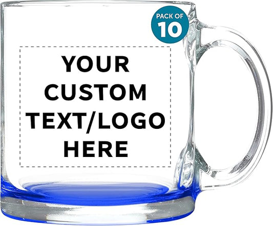 Custom Libbey Clear Glass Coffee Mugs 13 oz. Set of 10, Personalized Bulk Pack - Perfect for Coffee, Tea, Espresso, Hot Cocoa, Other Beverages - Blue Bottom