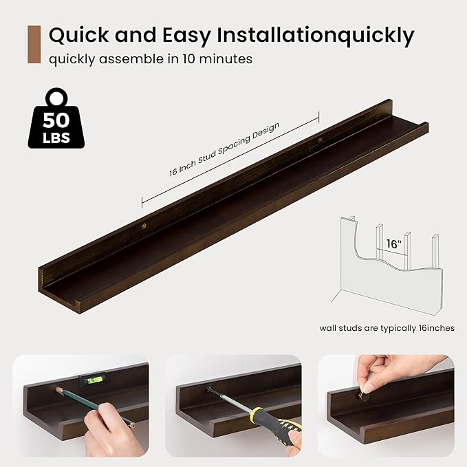 Picture Ledge Shelf, Solid Pine Wood Floating Shelves Set of 2, 32 Inches Nursery Book Shelves for Toys Storage, Kids Bookshelf Wall Mounted for Living Room Bedroom Decor Books Photo Frames, Walnut