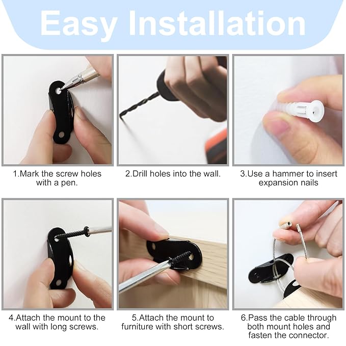 Furniture Anchors for Baby Proofing, Anti Tip Furniture Anchor Securing 420lbs Tension Earthquake Resistant Metal Furniture Wall Anchor Prevent Baby Pet from Falling Furniture（8 Pack，Black）