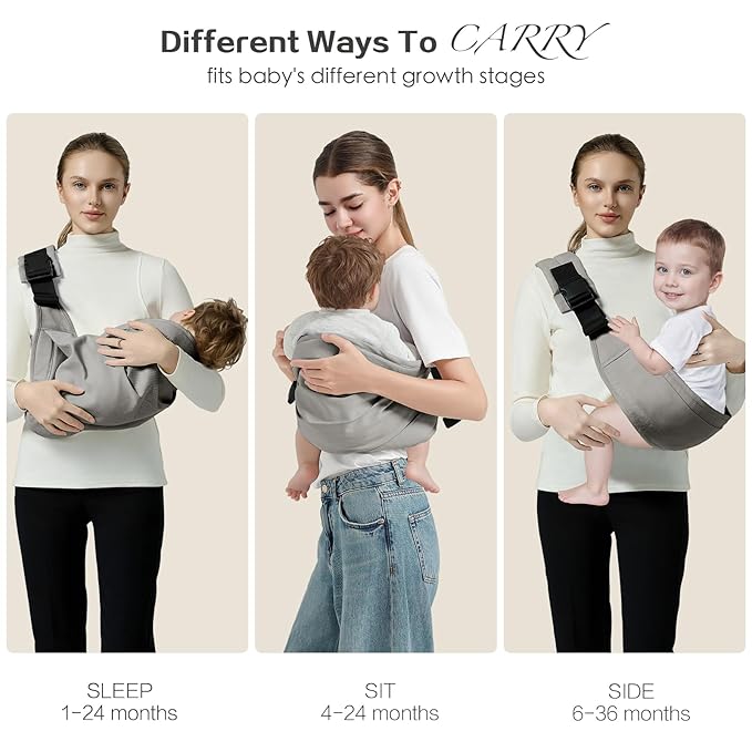 Baby Sling Carrier, Toddler Carrier Sling with Double Safety Buckle and Adjustable Shoulder Strap(7-30lbs), Baby Carriers One Size Fits All, Grey
