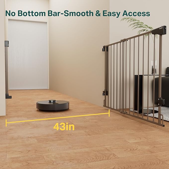 Cumbor 29.2-43" No Bottom Bar Baby Gate for Stairs, 2-in-1 Hardware Mounted Dog Gate Indoor, Pet Gate for Doorways with Large Walk Thru Door, Child-Proof Safety Gate for Top & Bottom of Stairs (Brown)