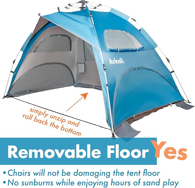 Beach Tent Pop Up Beach Sun Shade Tent with UPF 50+ UV Protection, Removable Floor Zippered Privacy & Ventilation Sun Shelter Family 3 to 4 Person