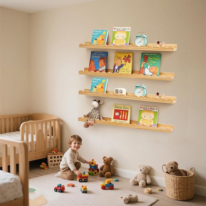 Nursery Book Shelves, Scalloped Floating Shelves Set of 2 Solid Pine Wood Wall Mounted Bookshelf with Wave Lip for Bedroom Kids, Toddler Room, Baby Room Natural 36inch