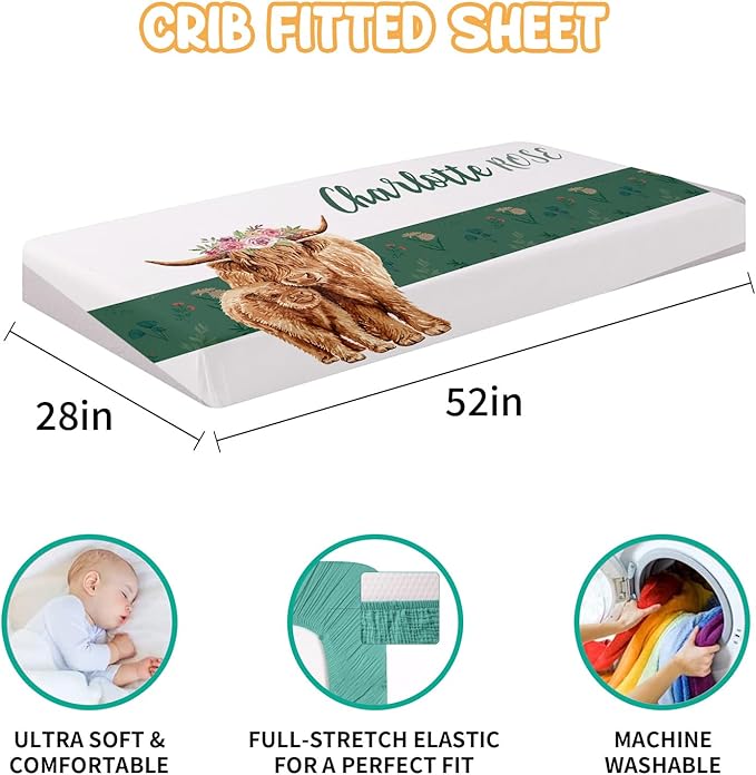 Custom Crib Bedding Set - Highland Cow Design Personalized Name Baby Nursery Bed 3 Pcs Set - Chic Soft Blanket with Dotted Backing, Sheet, Pillowcase for Newborn Girls Boys Gifts Color04