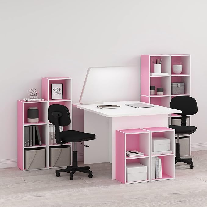 Furinno Luder Bookcase / Book / Storage, 5-Tier Cube, Pink/White