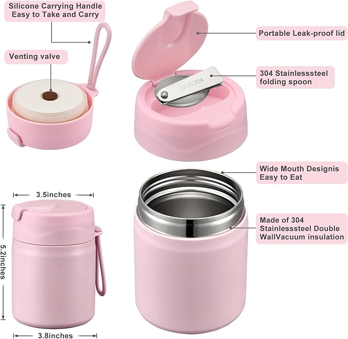 17oz Soup Thermo for Hot Food Kids,Insulated Food Jar with Spoon,Thermo Hot Food Lunch Container,Wide Mouth Leakproof Stainless Steel Lunch Box for School-Pink