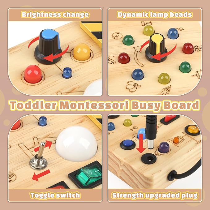 Joyreal Montessori Busy Board Wooden Sensory Toys for Toddler with LED Light Up Switch, Baby Fidget Board Travel Toys for 18+ Months, 1 2 3 Year Old Boys Girls Toddler Toy Gifts (Classic)