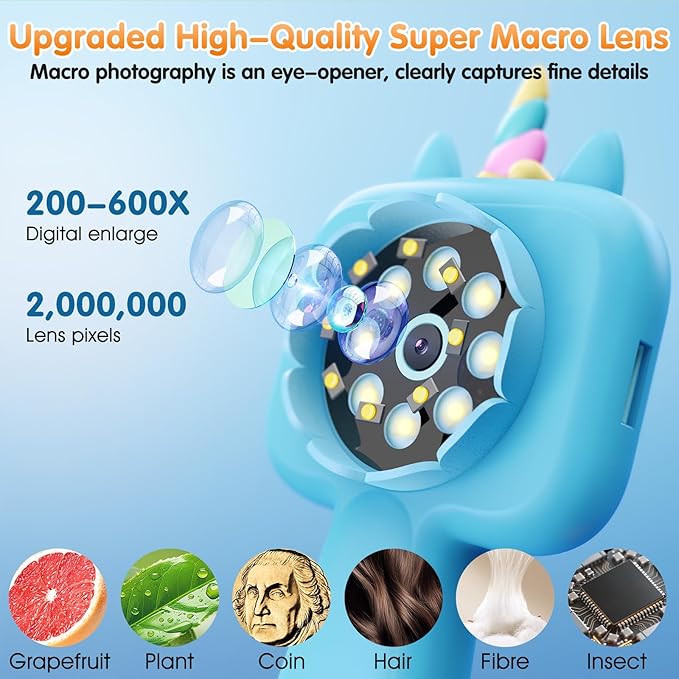 Pocket Microscope for Kids, 2.4" Screen 600X Portable Digital Microscope Handheld, STEM Educational Science Kit Toys for Age 3 4 5 6 7 8 9 10 11 12 13 Years Old Kids Christmas Birthday Gifts