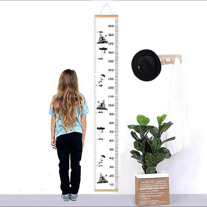 Kids Growth Chart, Wood Frame Fabric Canvas Height Measurement Ruler from Baby to Adult for Child's Room Decoration 7.9 x 79in (7.9 x 79in, Black Car)