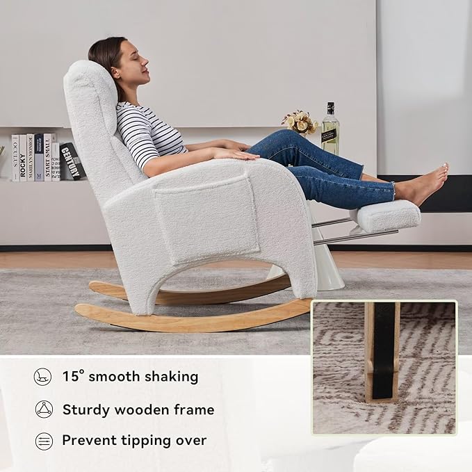 Rocking Chair Nursery, Modern Glider Chair with Adjustable Footrest and Solid Wood Legs, High Backrest Nursery Chair with Side Pocket, Rocker Armchair for Living Room Bedroom, Teddy Ivory
