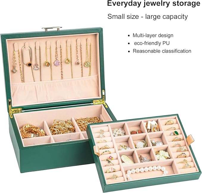 Small Jewelry Organizer for Women, 2-Layer Travel Jewelry Box with Portable Case, Necklace Ring Storage for Dresser, Girls Teens Gifts (Green)