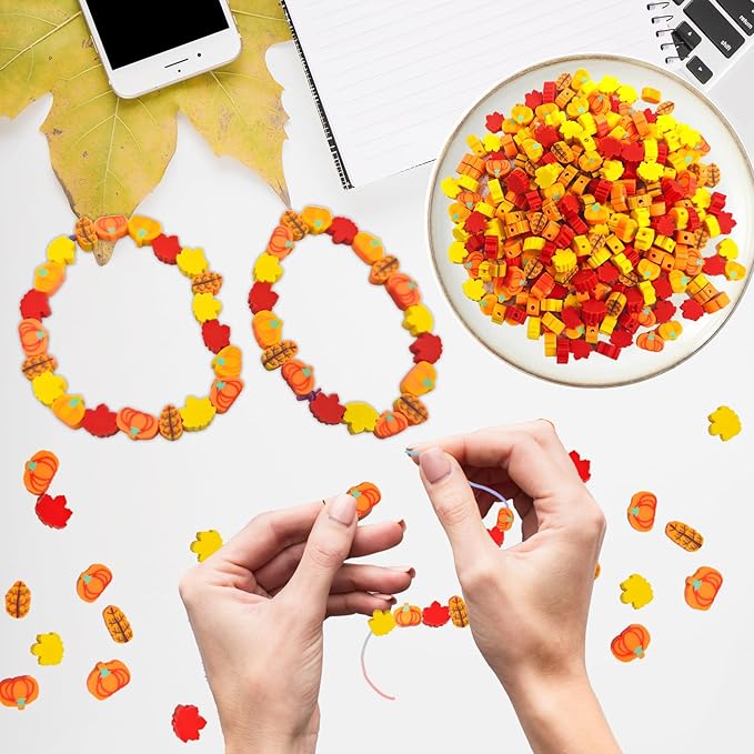 YQUQWN 200 PCS Fall Polymer Clay Beads Thanksgiving Maple Leaf Pumpkin Clay Beads for Jewelry Making Autumn Necklace DIY Bracelet Fall Accessories Party Supplies Craft Kits