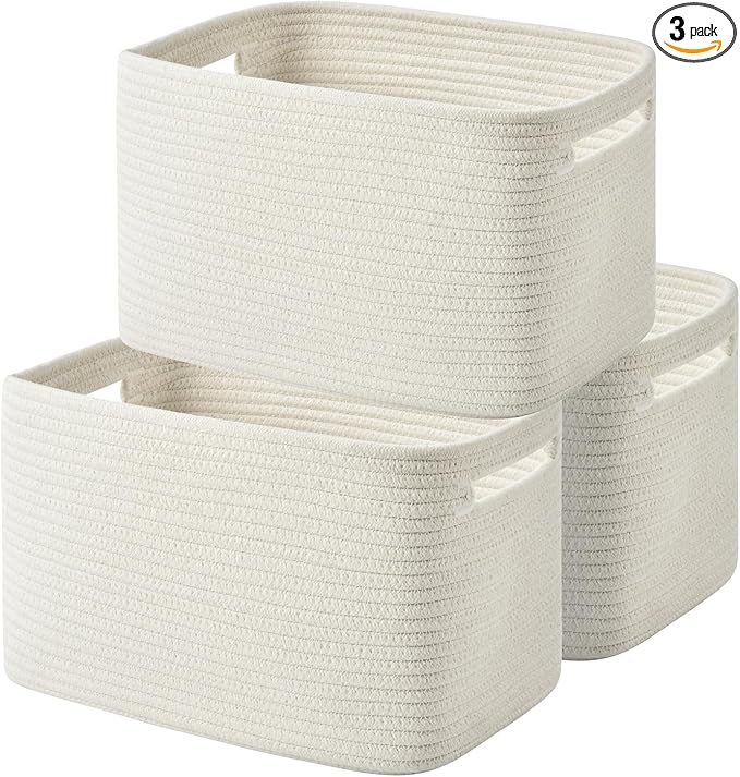 Storage Basket - Woven Cotton Rope Baskets for Organizing, Decorating Shelves, Books, Towels, Toys - 3 Pack - White