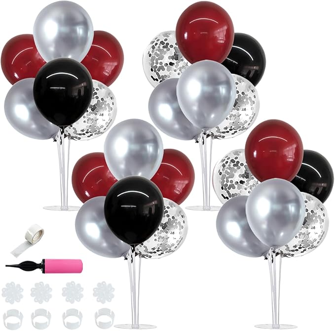 TONIFUL 4 Set Burgundy Red Black Silver Balloon Stand Centerpiece Table Decorations for Graduation Decoration 2025,Christmas Party Decoration,Halloween,New Year's Eve,Anniversary,Birthday Decorations