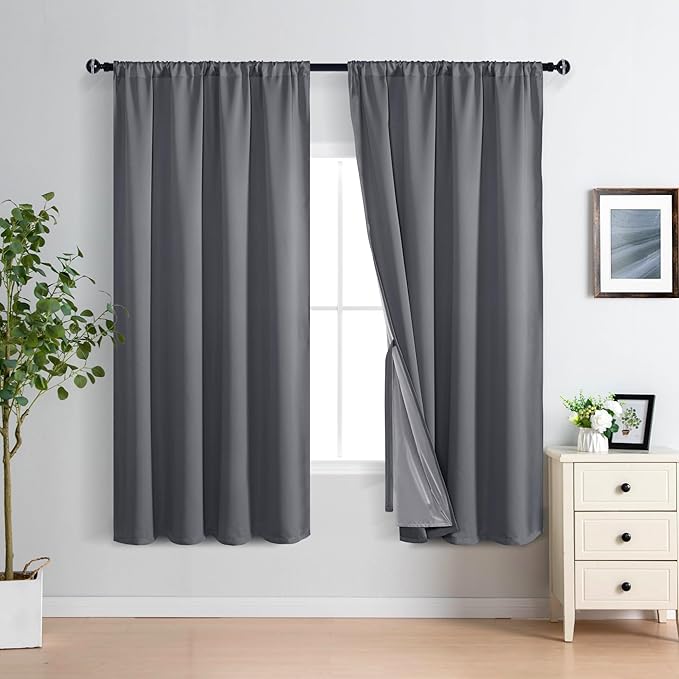 XWZO Extra Wide Full Blackout Curtain - Rod Pocket Thermal Insulated Black Liner, Noise Reducing and Heat Blocking Drapes for Hall and Studio Windows with Tiebacks, Dark Grey, W60 x L63, Set of 2