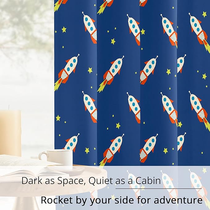 Kids Space Rocket Blackout Curtains - 100% Blackout, Thermal Insulated, Noise Reducing, Perfect for Kids Room and Nursery, 2 Panels (Rocket Blast-Off Repeat, W52×L63)