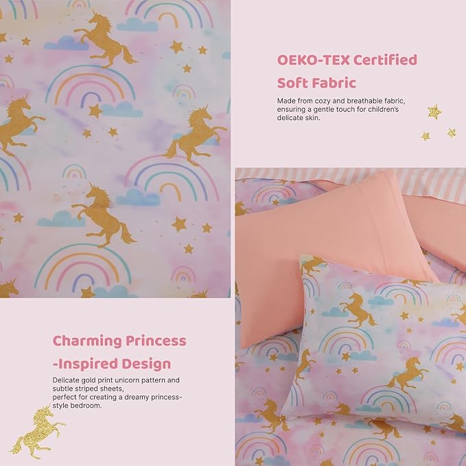 Full Size Comforter Sets with Sheets for Girls-7 Pieces Full Size Bedding Sets with Pink Comforter, Sheets, Pillowcases & Shams for Kids (Gold Unicorn, 76" X 86")