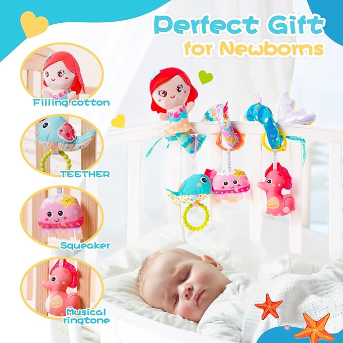 Koty Carseat Toys Hanging, Blue Mermaid Stroller Toys for Babies 0-6 Months, Baby Car Seat Toy with Crinkle, Teether, Music Box, Rattle, BB Squeaker for Babies Boys Girls Gifts (Blue Mermaid)