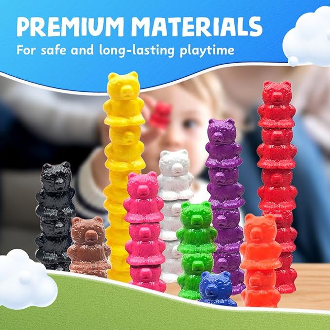 Skoolzy Rainbow Color Stacking Bears Toy_Building_Block 100 pcs Set, Color Matching Toys Sorting Games for Toddler, Preschool, Kindergarten, First Grade