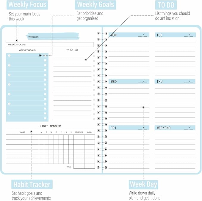 Undated Weekly Planner, Weekly To Do List Notebook with Goal & Habit Tracker Organizer, A5 5.7" x 8.0" Weekly Planner Notebook with Spiral Binding for Men or Women