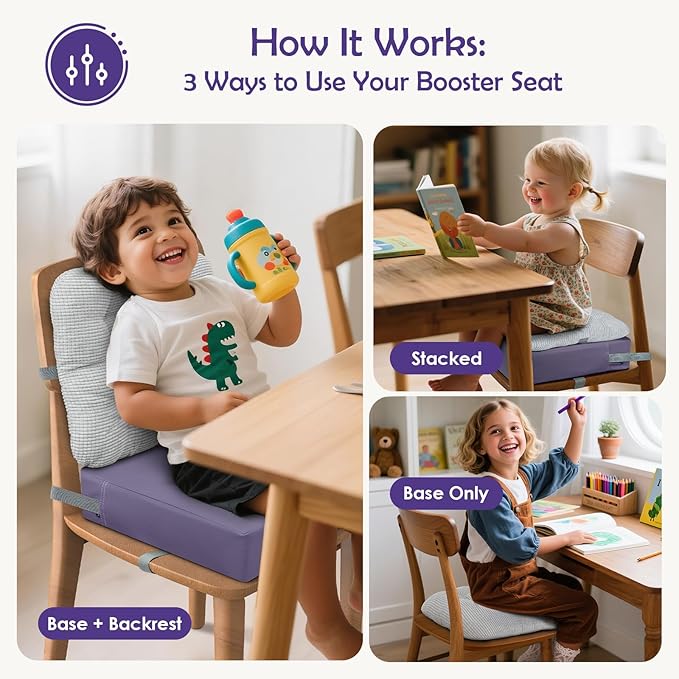 Booster Seat for Kitchen Chair with Comfy Backrest and Adjustable Safety Buckles,Non-Slip Kid Toddler Booster Seat for Dining Table,Portable PU Travel Baby Booster Increasing Cushion Chair