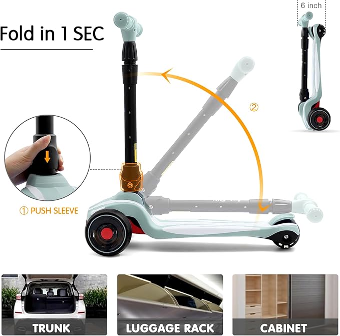 LOL-FUN Toddler Scooter for Kids Ages 3-12 Years Old Boy Girl with 3 Wheel LED Lights, Extra-Wide Childrens Foldable Kick Scooter Kids Ages 3-5 with 4 Adjustable Height and Lean-to-Steer