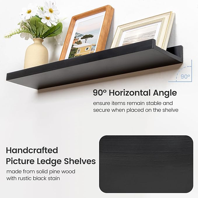 Picture Ledge Shelf for Wall, 16 inch Solid Pine Wood Nursery Book Shelves 2 Packs, Floating Ledge Shelves for Kids' Room Bedroom Bathroom Living Room Photo Frames Office Nursey Wall Decor, Black