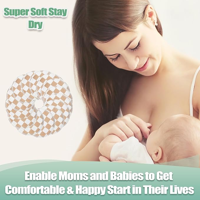 wegreeco Nursing Breast Pads (14 Pack) + Laundry Bag & Travel Storage Bag, 4.7 inch Option - Washable & Reusable Breastfeeding Nursing Pads (Light Coffee Checkerboard, Large, Plain Shape)